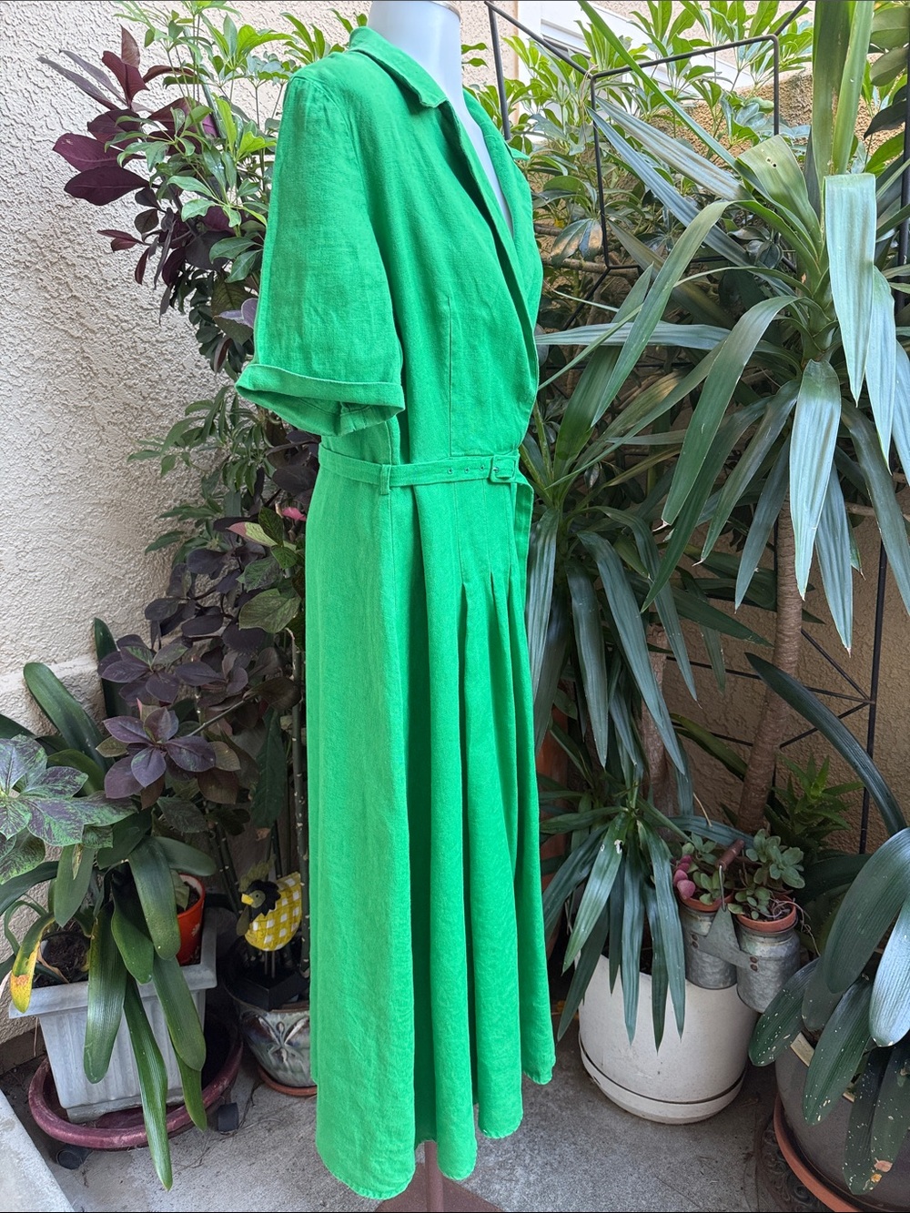 Mango Bright Emerald Green Belted Maxi Linen Dress with Notched Collar and Belt - Picture 7 of 12